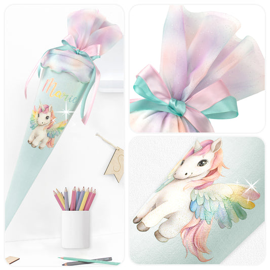 Schultüte aus Leinen & Glitzer Tüll individualisierbar mit Wunschname 70 cm - mint - Pegasus
