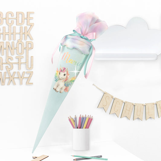 Schultüte aus Leinen & Glitzer Tüll individualisierbar mit Wunschname 70 cm - mint - Pegasus