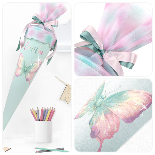 Schultüte aus Leinen & Glitzer Tüll individualisierbar mit Wunschname 70 cm - mint - Schmetterling