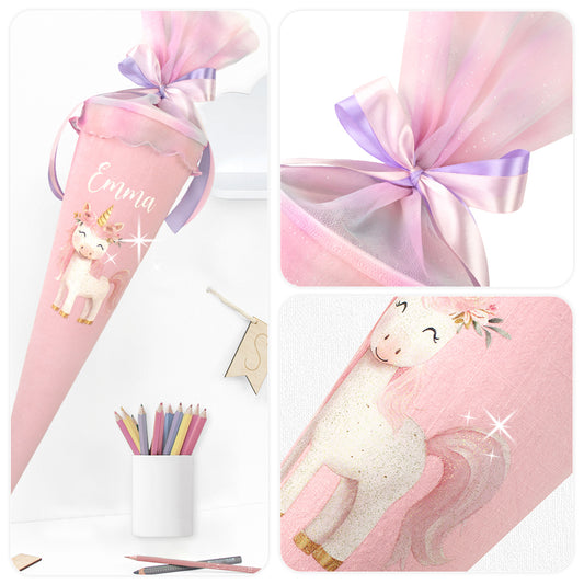 Schultüte aus Leinen & Glitzer Tüll individualisierbar mit Wunschname 70 cm - rosa - Einhorn