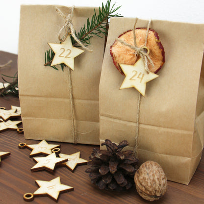 Adventskalender Zahlen Anhänger 1-24 zum Basteln Adventskalendersäckchen Nummern Sterne Holz