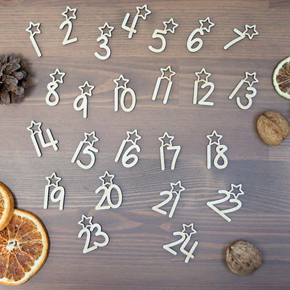 Adventskalender Zahlen Anhänger 1-24 zum Basteln Adventskalendersäckchen Nummern Sternchen Holz