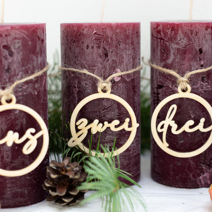 Adventskranz Zahlen Holz Anhänger 1-4 für Kerzen Adventszahlen Schreibschrift