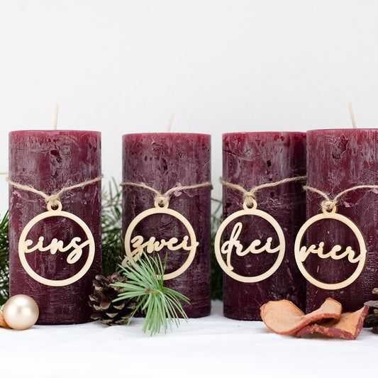 Adventskranz Zahlen Holz Anhänger 1-4 für Kerzen Adventszahlen Schreibschrift