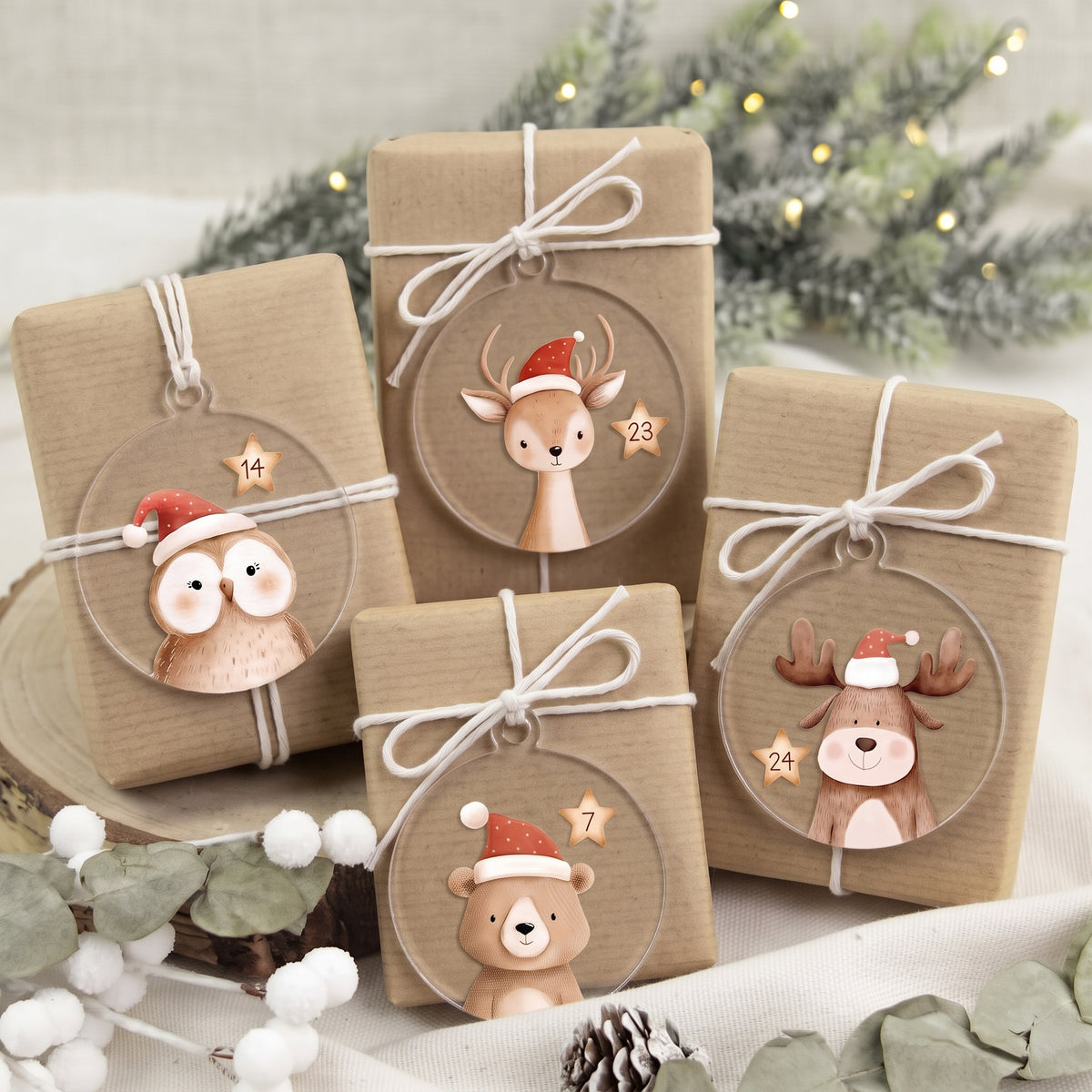 24 Adventskalender Anhänger aus transparentem Acryl 1-24 Holzanhänger DIY Adventskalender Selbst Befüllen für Kinder – Tierzauber