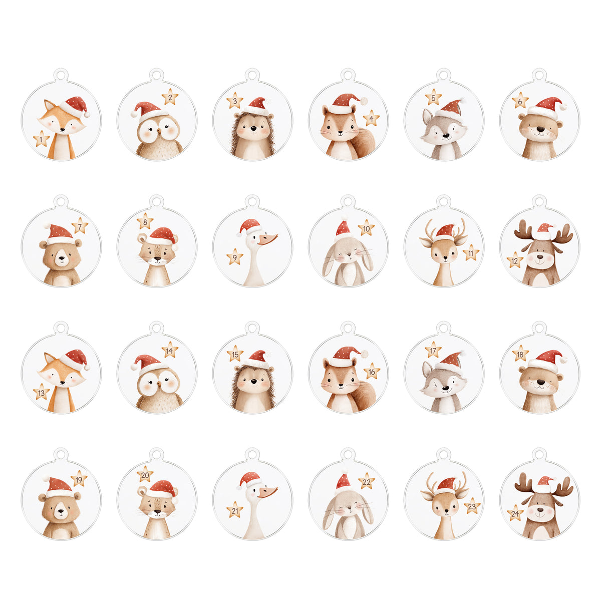 24 Adventskalender Anhänger aus transparentem Acryl 1-24 Holzanhänger DIY Adventskalender Selbst Befüllen für Kinder – Tierzauber