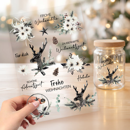 Rub On Sticker Bogen A5 Weihnachten UV Transferfolie Rubons für Raysin Keramik Glas Aufkleber DIY Weihnachtsdeko – Black Christmas