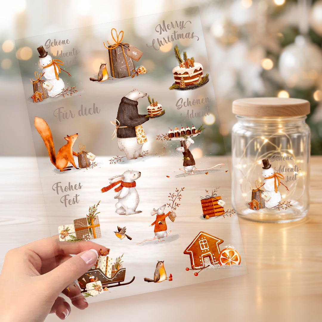Rub On Sticker Bogen A5 Weihnachten UV Transferfolie Rubons für Raysin Keramik Glas Aufkleber DIY Weihnachtsdeko – Tierische Weihnachten