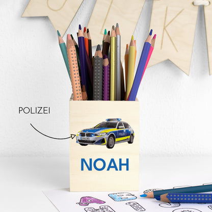 Personalisierter Stifthalter aus Holz Stiftebecher mit Wunschname Schulkind – Jungs
