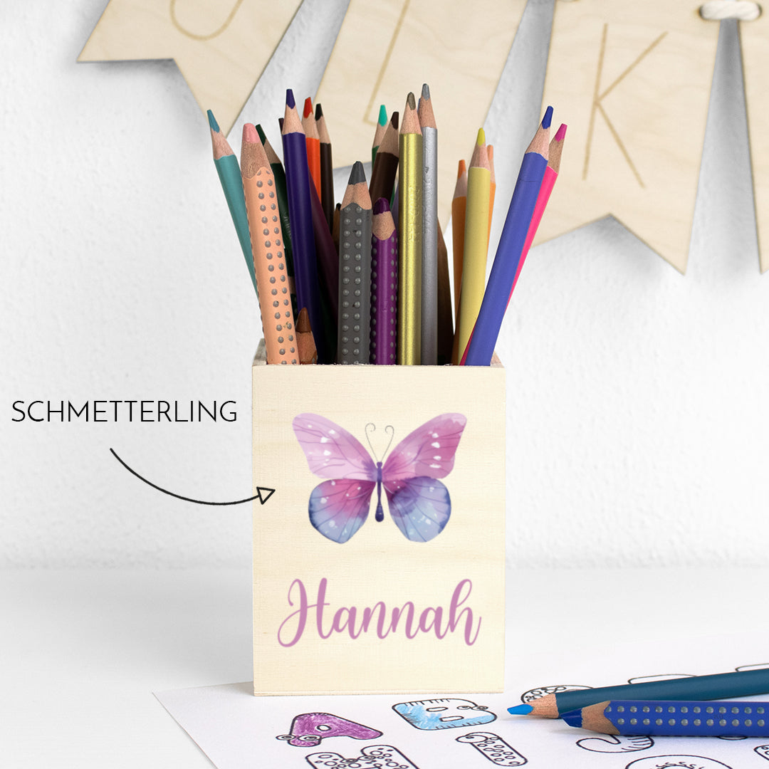 Personalisierter Stifthalter aus Holz Stiftebecher mit Wunschname Schulkind – Mädchen