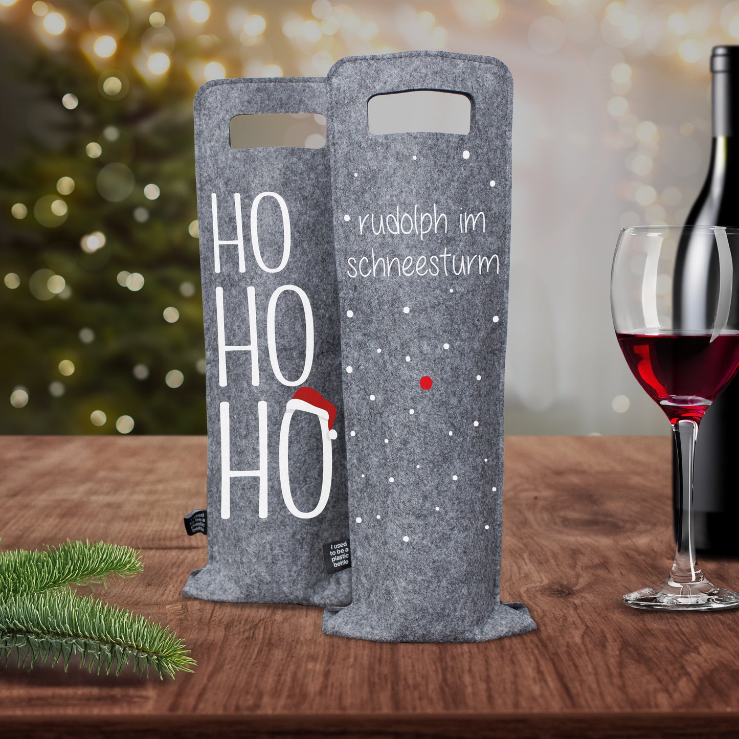 Geschenkverpackung für Wein 2er Set Flaschentasche Geschenktasche für Weinflaschen aus Filz Geschenktüte Weihnachten Hohoho / Rudolph - grau