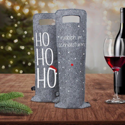 Geschenkverpackung für Wein 2er Set Flaschentasche Geschenktasche für Weinflaschen aus Filz Geschenktüte Weihnachten Hohoho / Rudolph - grau