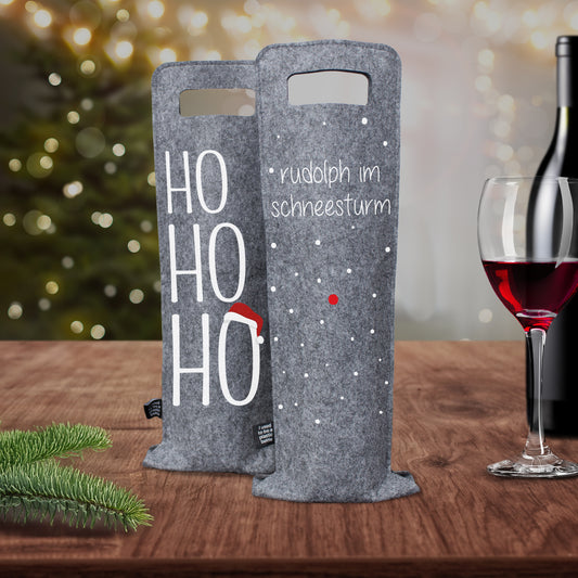 Geschenkverpackung für Wein 2er Set Flaschentasche Geschenktasche für Weinflaschen aus Filz Geschenktüte Weihnachten Hohoho / Rudolph - grau