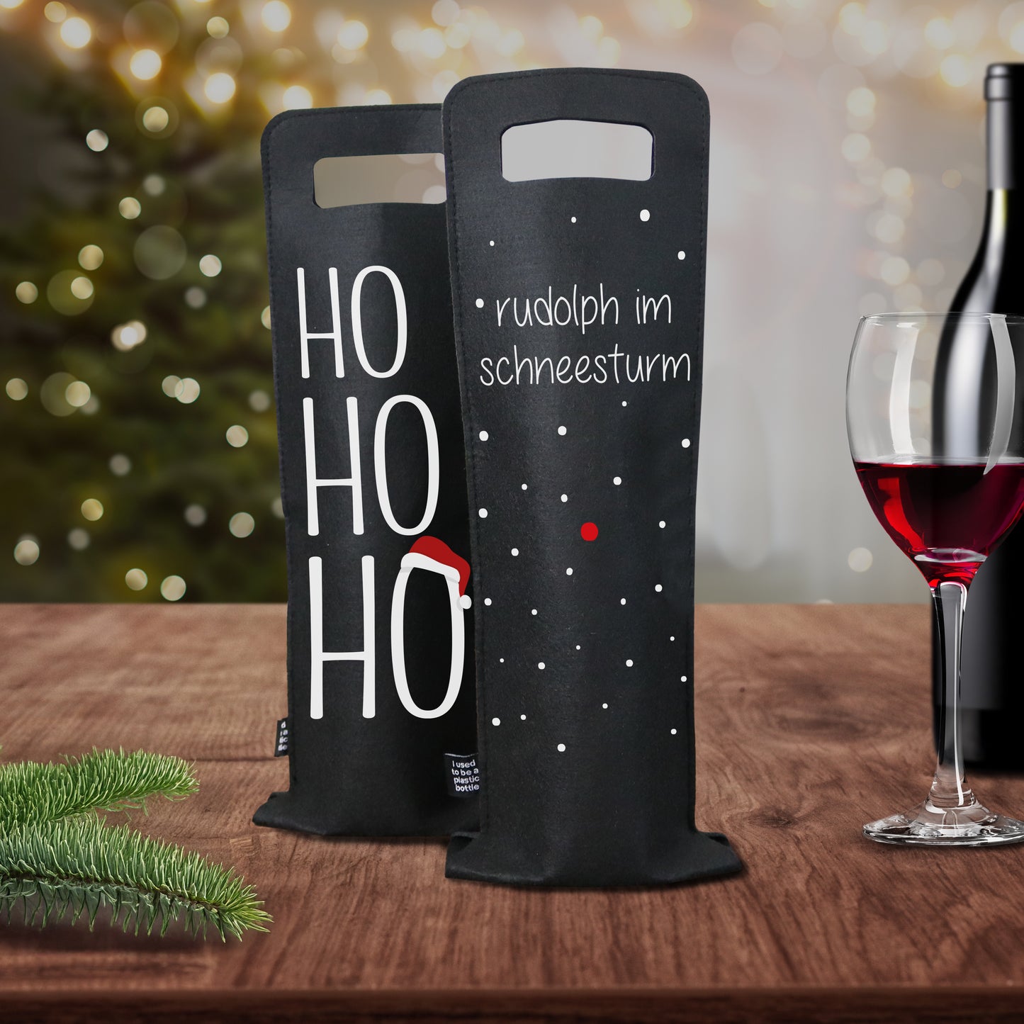 Geschenkverpackung für Wein 2er Set Flaschentasche Geschenktasche für Weinflaschen aus Filz Geschenktüte Weihnachten Hohoho / Rudolph - schwarz