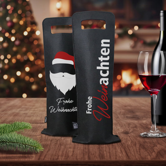 Geschenkverpackung für Wein 2er Set Flaschentasche Geschenktasche für Weinflaschen aus Filz Geschenktüte Weihnachten Weinachten / Santa - schwarz