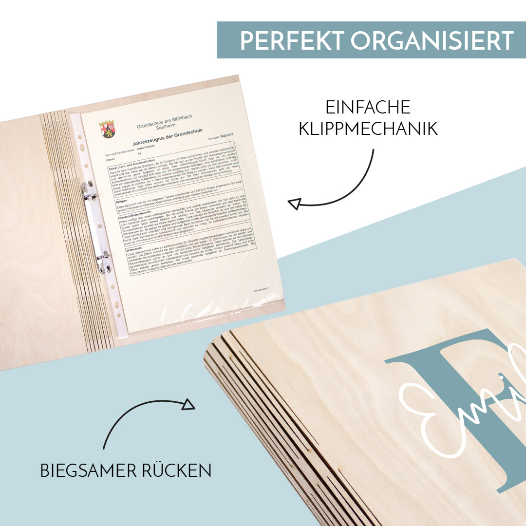 Zeugnismappe aus Holz personalisiert mit Wunschname Geschenk zur Einschulung - Buchstaben