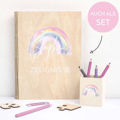 Zeugnismappe aus Holz personalisiert mit Wunschname Geschenk zur Einschulung - Regenbogen