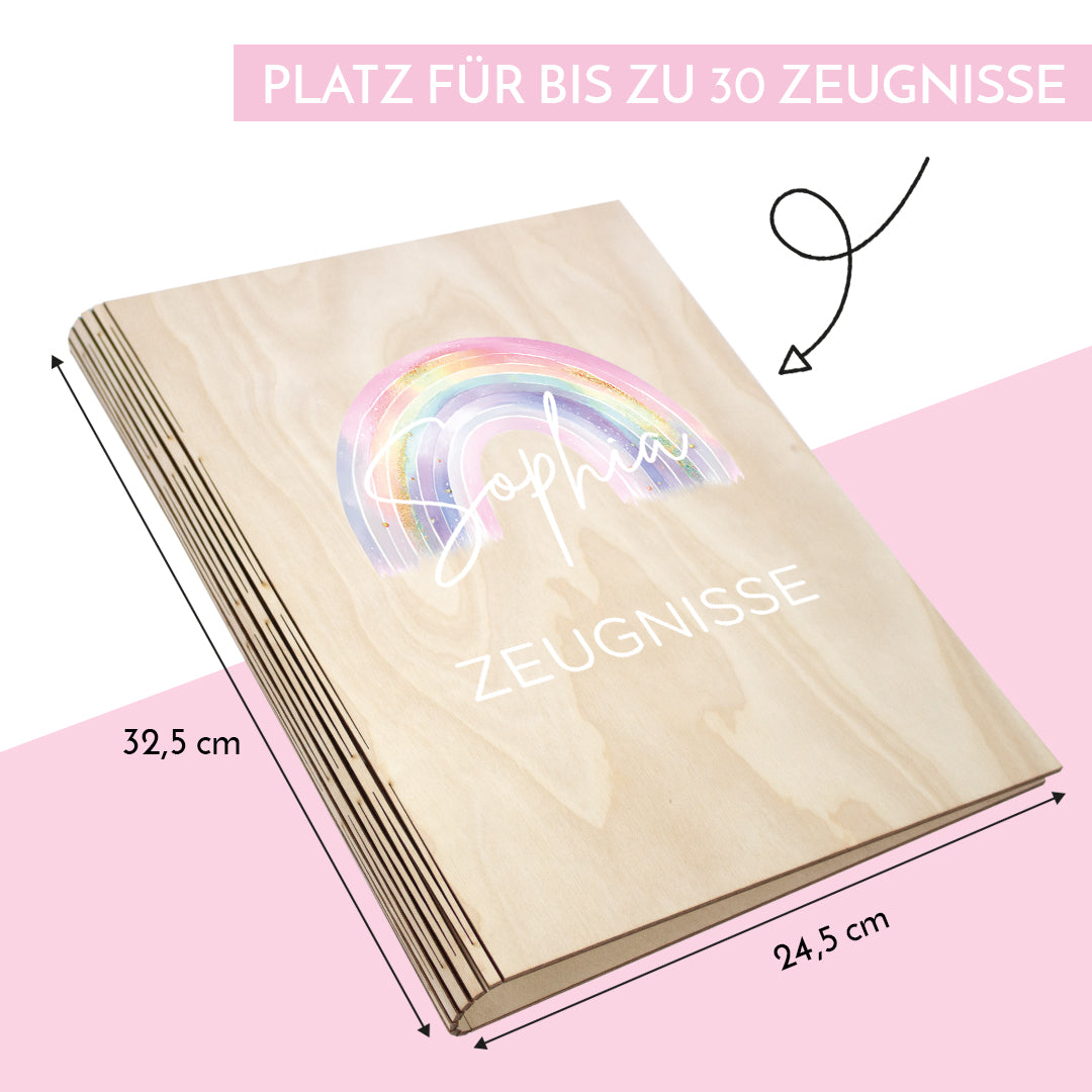Zeugnismappe aus Holz personalisiert mit Wunschname Geschenk zur Einschulung - Regenbogen