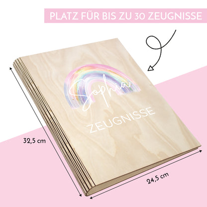 Zeugnismappe aus Holz personalisiert mit Wunschname Geschenk zur Einschulung - Regenbogen