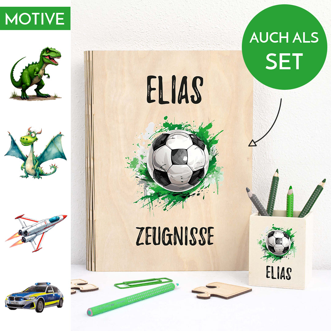 Zeugnismappe aus Holz personalisiert mit Wunschname und Wunschmotiv Geschenk zur Einschulung - Jungs