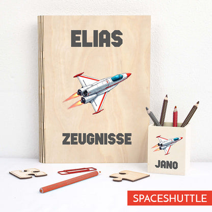 Zeugnismappe aus Holz personalisiert mit Wunschname und Wunschmotiv Geschenk zur Einschulung - Jungs