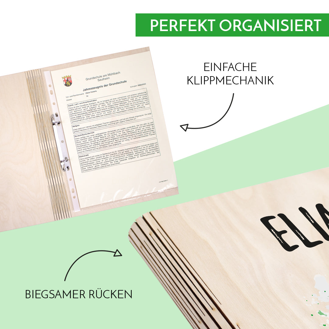 Zeugnismappe aus Holz personalisiert mit Wunschname und Wunschmotiv Geschenk zur Einschulung - Jungs
