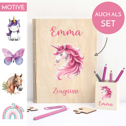 Zeugnismappe aus Holz personalisiert mit Wunschname und Wunschmotiv Geschenk zur Einschulung - Mädchen
