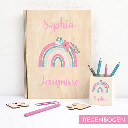 Zeugnismappe aus Holz personalisiert mit Wunschname und Wunschmotiv Geschenk zur Einschulung - Mädchen