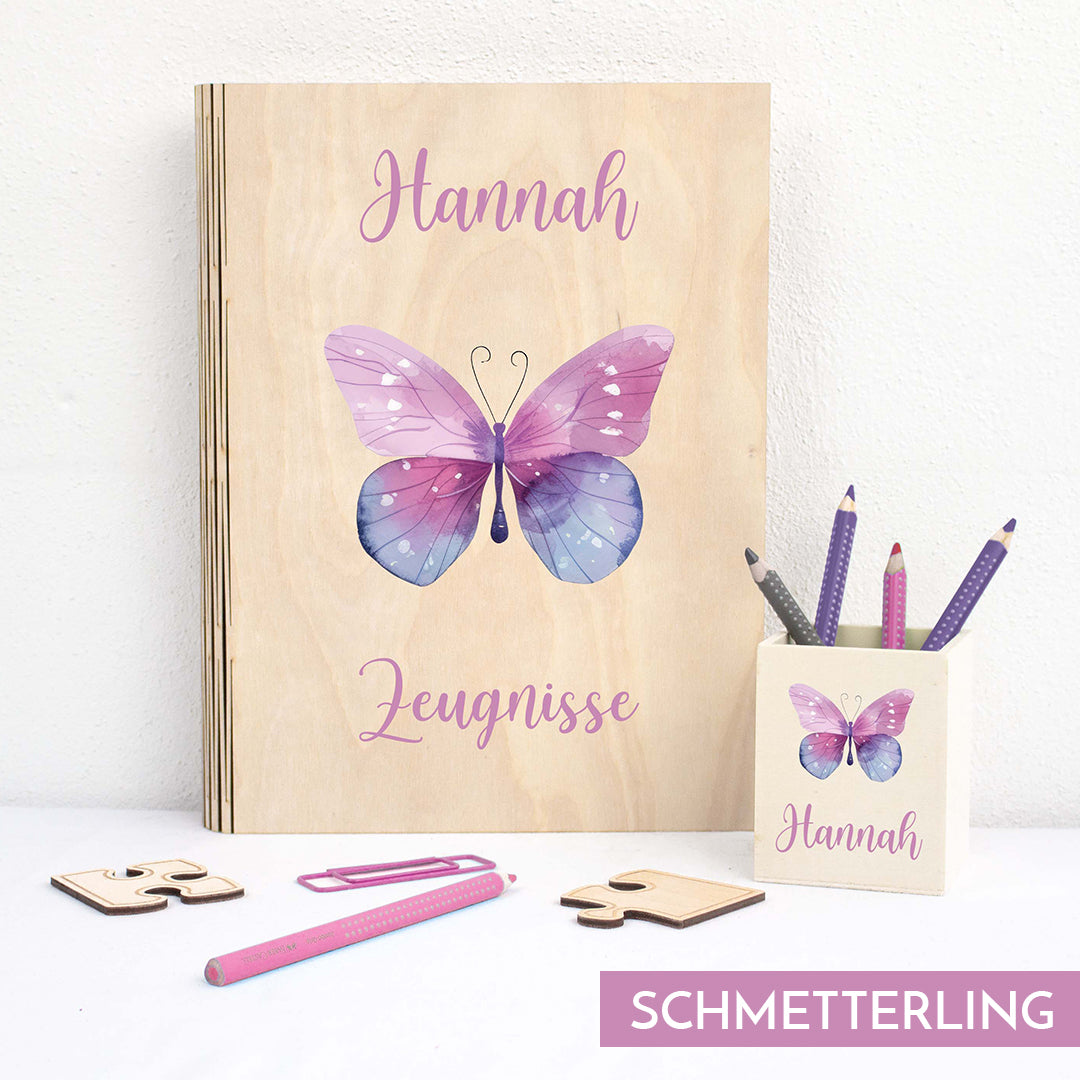 Zeugnismappe aus Holz personalisiert mit Wunschname und Wunschmotiv Geschenk zur Einschulung - Mädchen