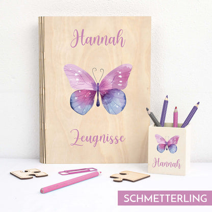 Zeugnismappe aus Holz personalisiert mit Wunschname und Wunschmotiv Geschenk zur Einschulung - Mädchen