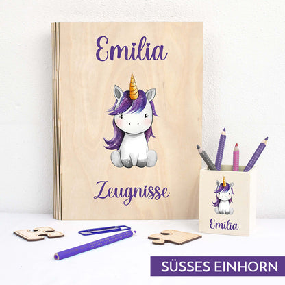 Zeugnismappe aus Holz personalisiert mit Wunschname und Wunschmotiv Geschenk zur Einschulung - Mädchen