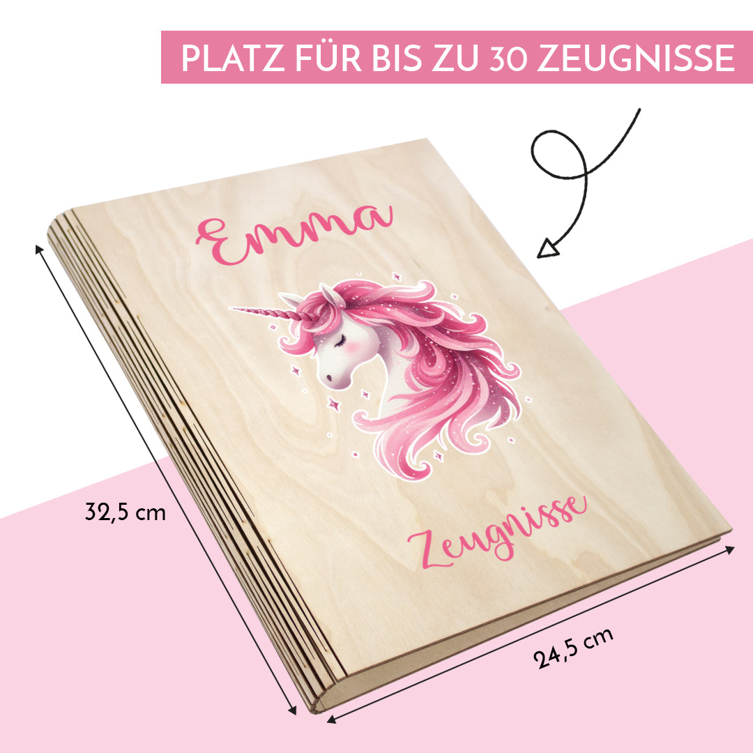 Zeugnismappe aus Holz personalisiert mit Wunschname und Wunschmotiv Geschenk zur Einschulung - Mädchen
