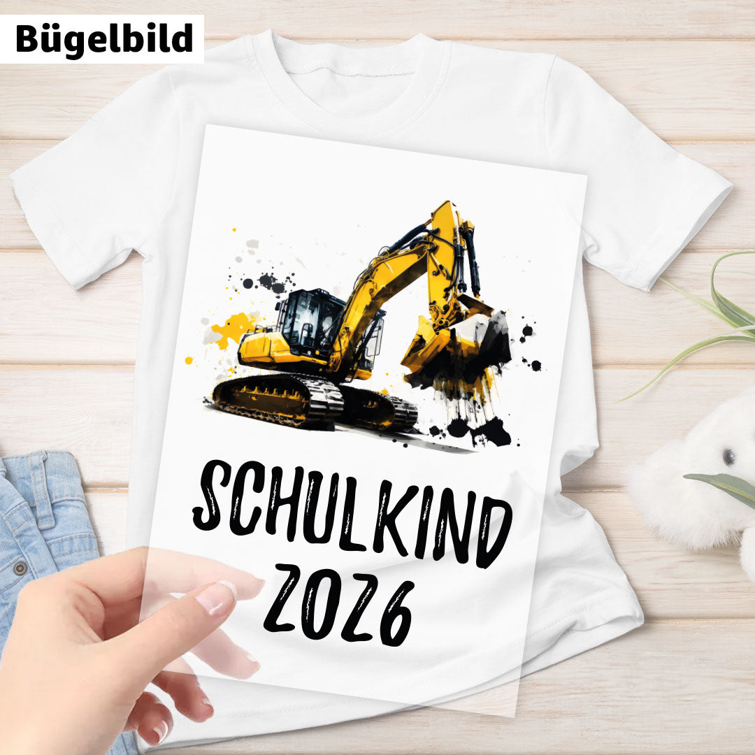 Bügelbild - Schulkind - Wunschname & Wunschjahr - Bagger