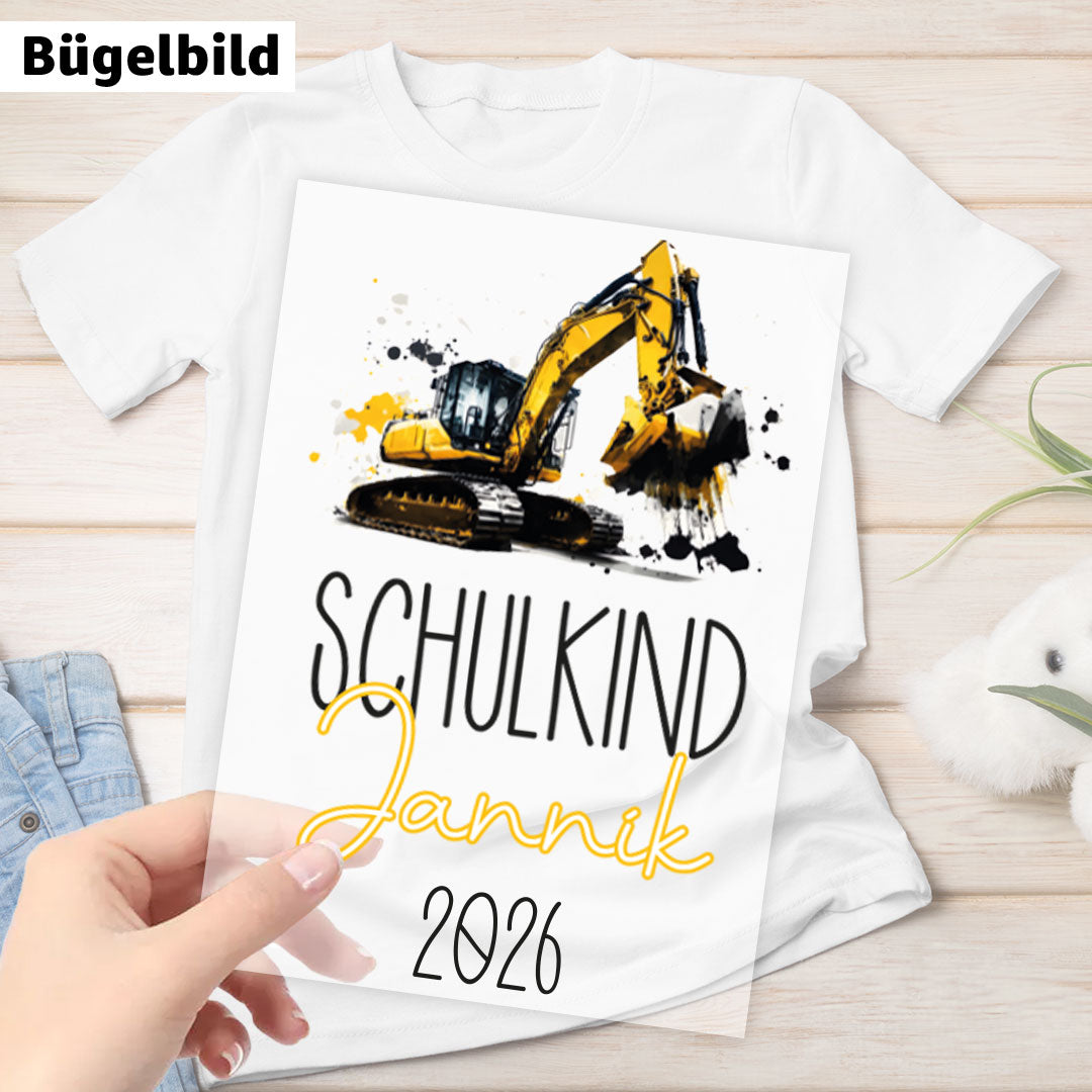 Bügelbild - Schulkind - Wunschname & Wunschjahr - Bagger