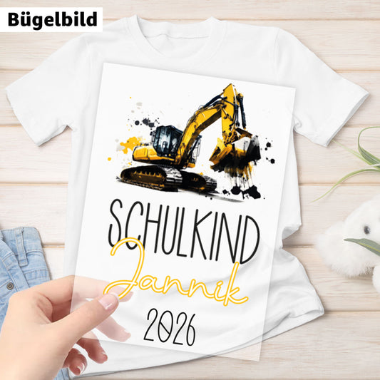 Bügelbild - Schulkind - Wunschname & Wunschjahr - Bagger