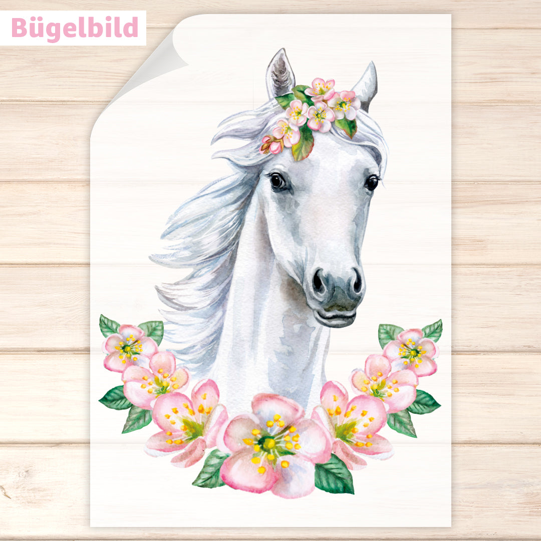 Bügelbild - Schulkind - Wunschname & Wunschjahr - Blumenpferd