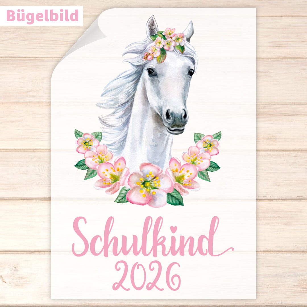 Bügelbild - Schulkind - Wunschname & Wunschjahr - Blumenpferd