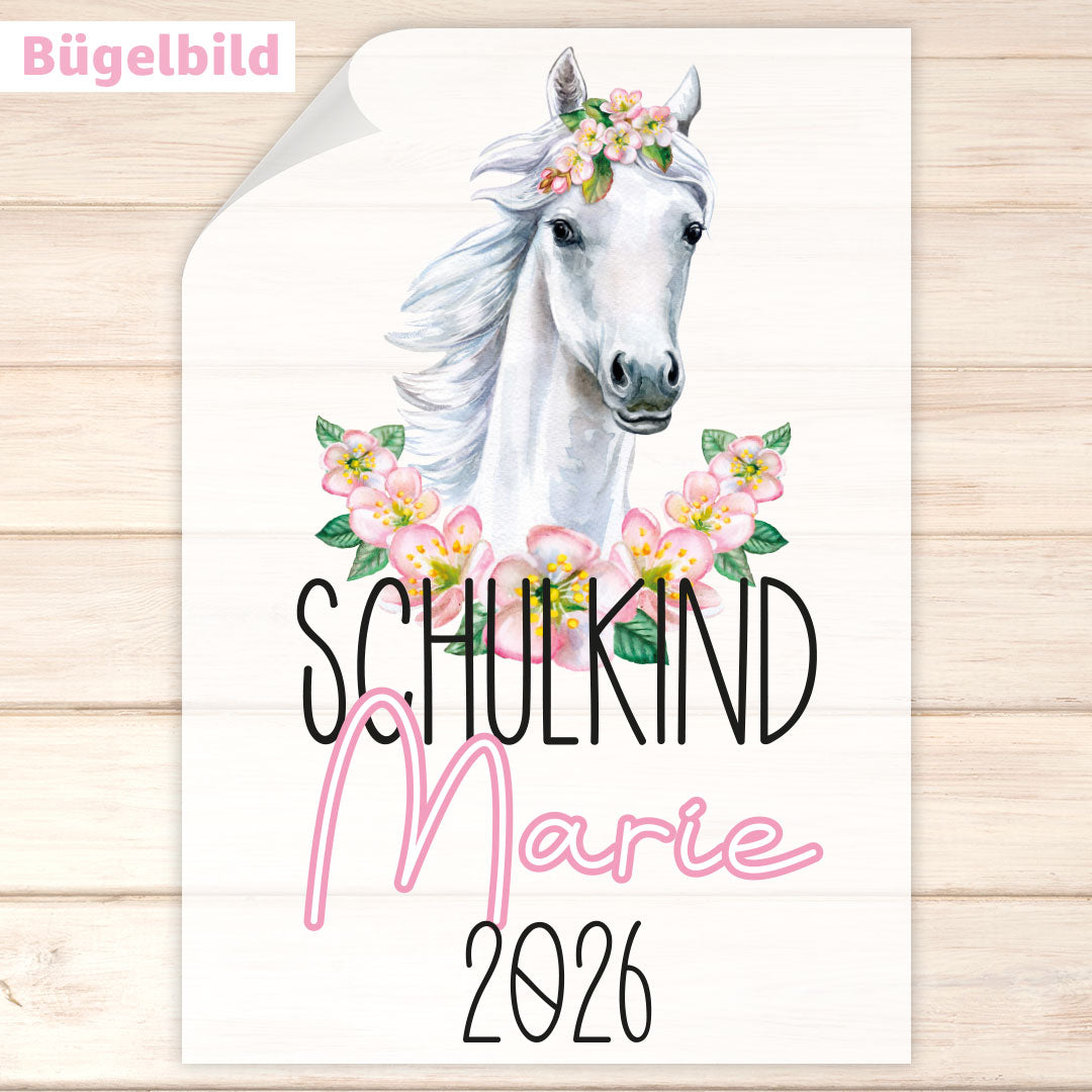 Bügelbild - Schulkind - Wunschname & Wunschjahr - Blumenpferd