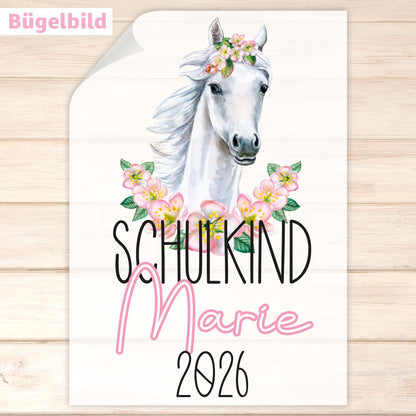 Bügelbild - Schulkind - Wunschname & Wunschjahr - Blumenpferd
