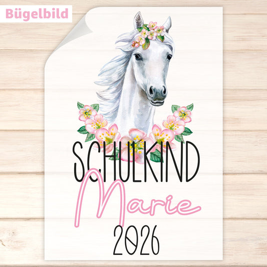 Bügelbild - Schulkind - Wunschname & Wunschjahr - Blumenpferd