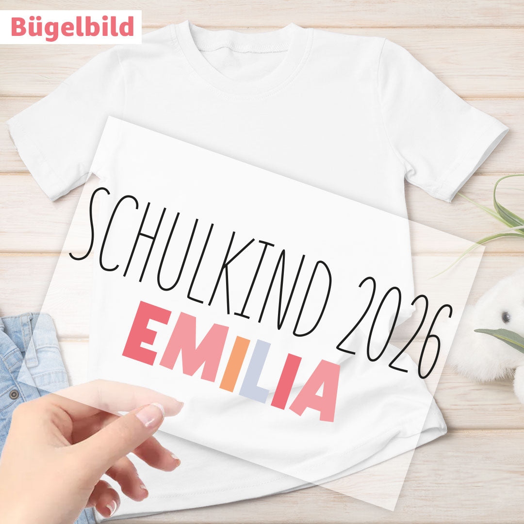 Bügelbild - Schulkind - Wunschname bunt - rosa