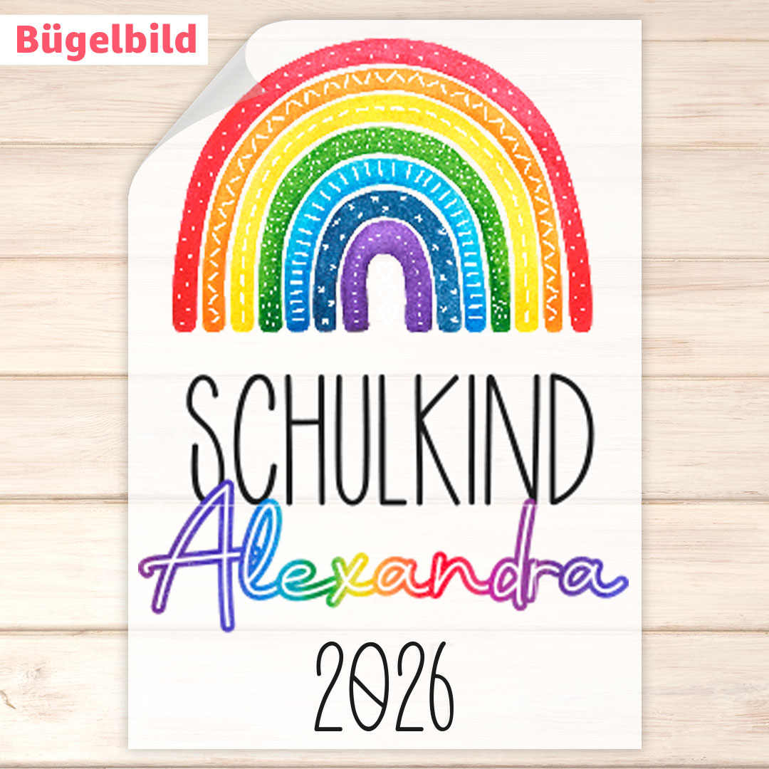 Bügelbild - Schulkind - Wunschname & Wunschjahr - Bunter Regenbogen