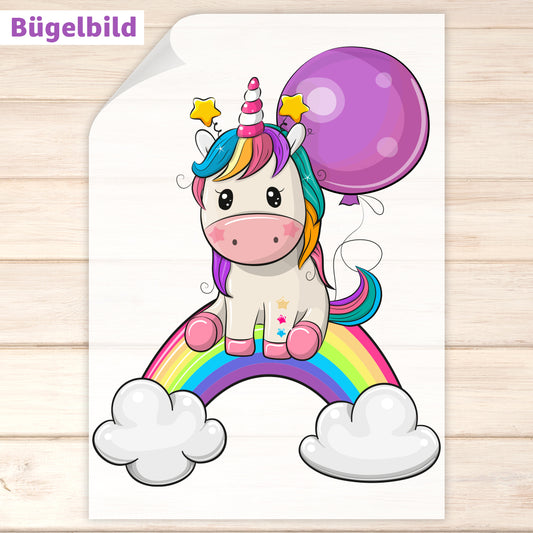 Bügelbild - Schulkind - Wunschname & Wunschjahr - Buntes Einhorn