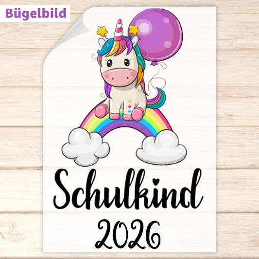 Bügelbild - Schulkind - Wunschname & Wunschjahr - Buntes Einhorn
