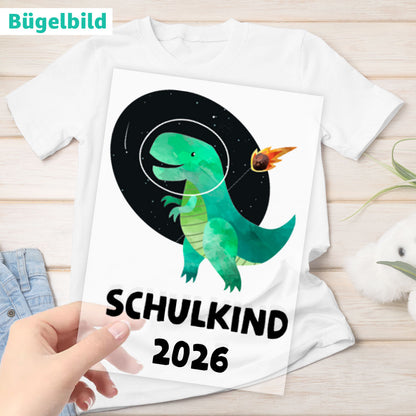 Bügelbild - Schulkind - Wunschname & Wunschjahr - Dino Weltall