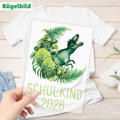 Bügelbild - Schulkind - Wunschname & Wunschjahr - Dinodschungel