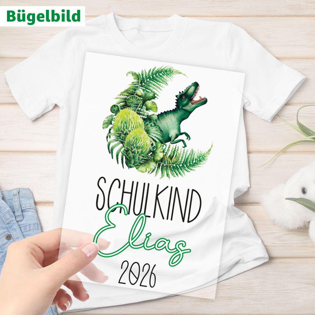 Bügelbild - Schulkind - Wunschname & Wunschjahr - Dinodschungel
