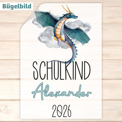 Bügelbild - Schulkind - Wunschname & Wunschjahr - Drago Drache