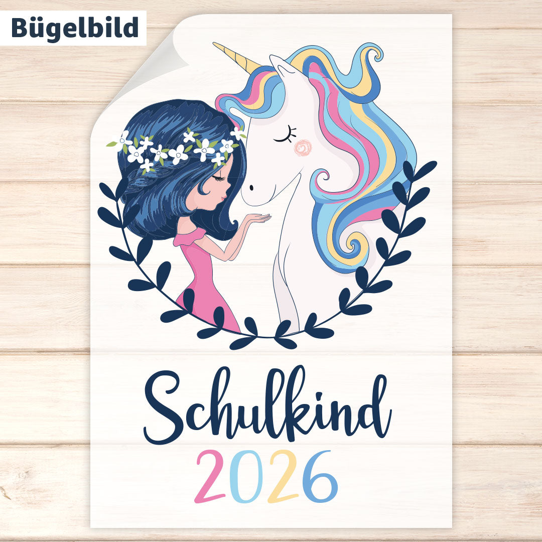 Bügelbild - Schulkind - Wunschname & Wunschjahr - Einhornfreundin