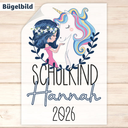 Bügelbild - Schulkind - Wunschname & Wunschjahr - Einhornfreundin